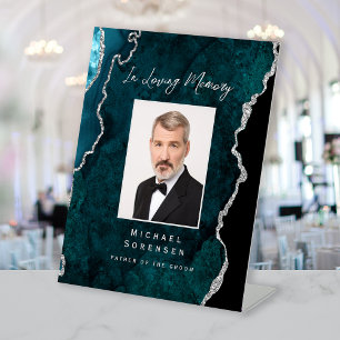 In Loving Memory Photo Teal Silver Agate Wedding Pedestal Sign