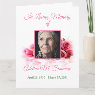 In Loving Memory   Pink Roses Funeral Program Card