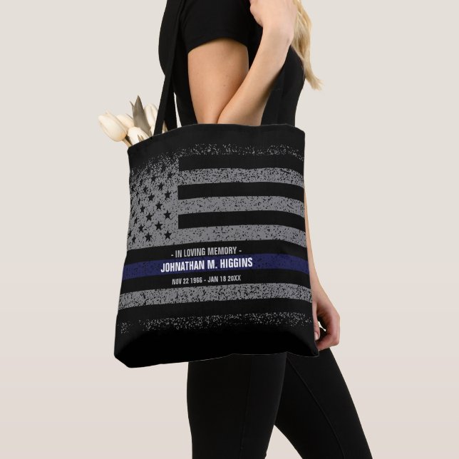 In Loving Memory Police Thin Blue Line Flag Tote Bag (Close Up)