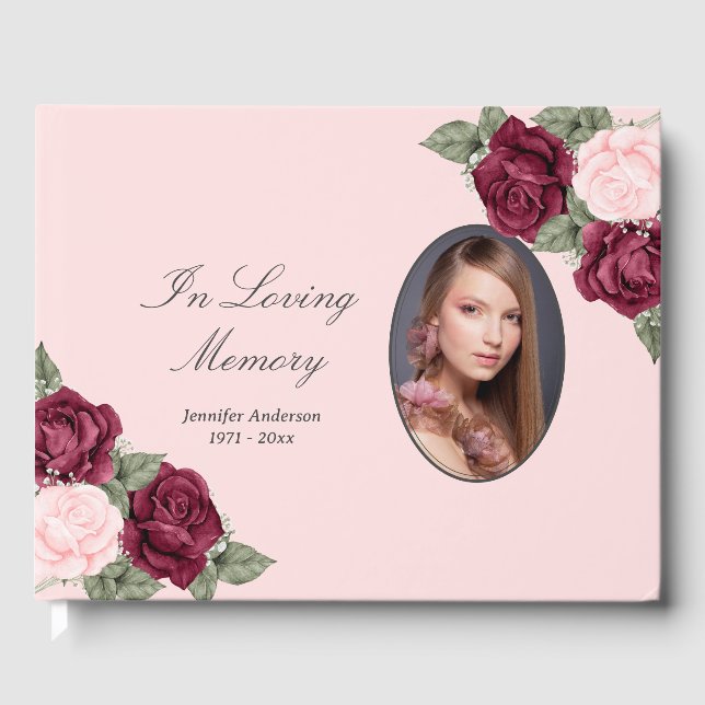 In Loving Memory Red Pink Floral Funeral Photo Guest Book (Front)