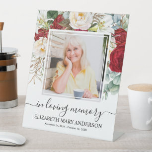 In Loving Memory Red White Floral Funeral Photo Pedestal Sign