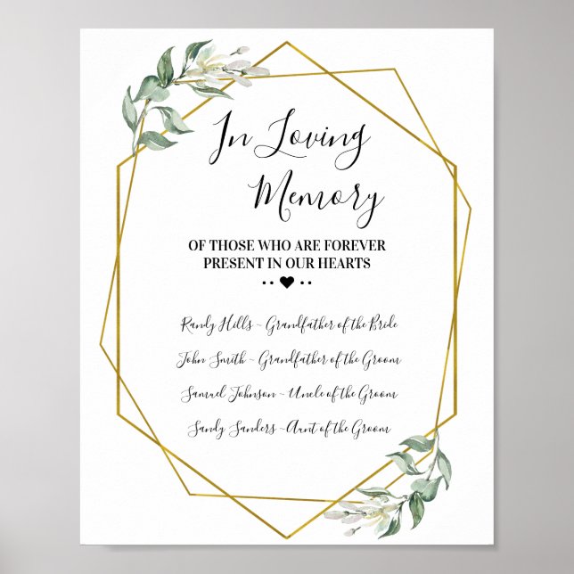In loving memory remembrance greenery gold wedding poster (Front)