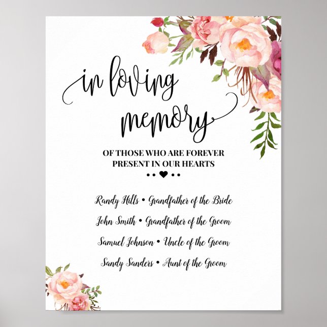 In loving memory remembrance pink floral wedding poster (Front)