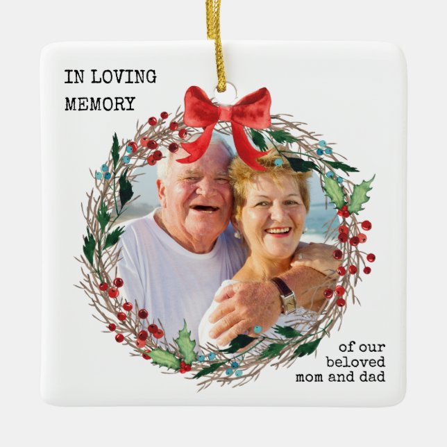 In Loving Memory Rustic Holly Wreath Photo Ceramic Ornament (Front)