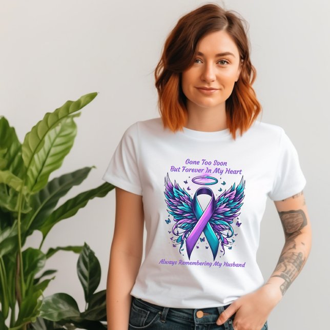 In Loving Memory Suicide Awareness Wife T-Shirt (Memory Suicide Loss for Wife T-Shirt, With Ribbon & Wings.)
