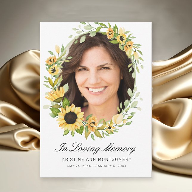 in Loving Memory Sunflower Black Script Photo Thank You Card (Modern Yellow Sunflowers Floral Photo Memorial Funeral Thank You Card.)