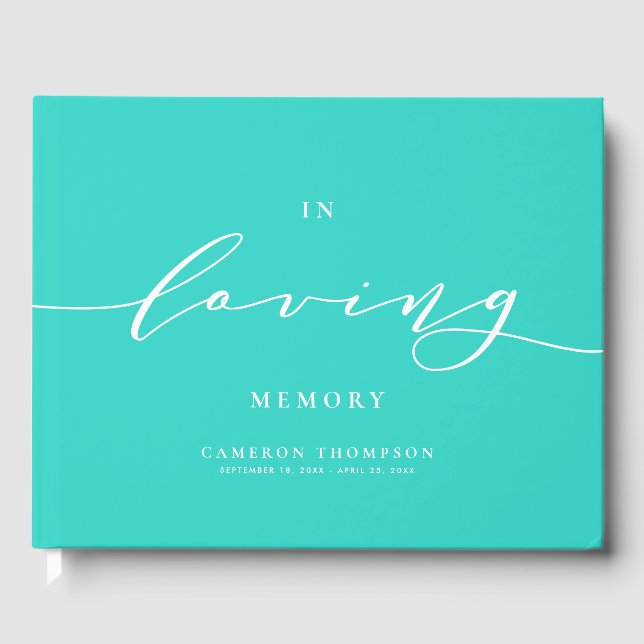 In Loving Memory Turquoise Dainty Script Funeral Guest Book (Front)