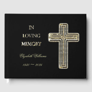 In Loving Memory Typography Golden Cross Elegant Guest Book