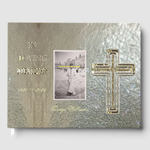 In Loving Memory Typography Golden Cross Elegant Guest Book
