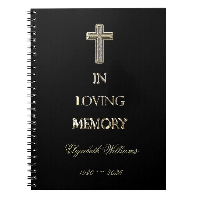 In Loving Memory Typography Golden Cross Elegant Notebook (Front)