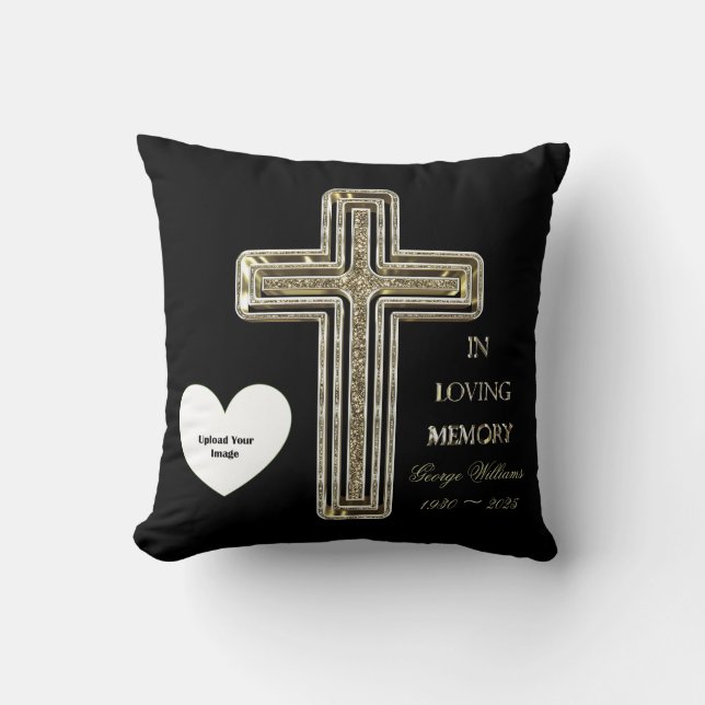 In Loving Memory Typography Golden Cross Photo Cushion (Front)