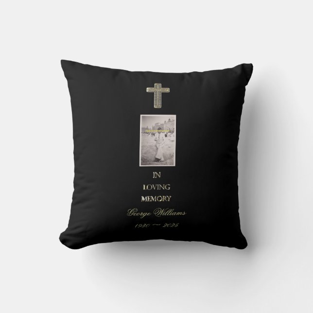 In Loving Memory Typography Golden Cross Photo Cushion (Front)