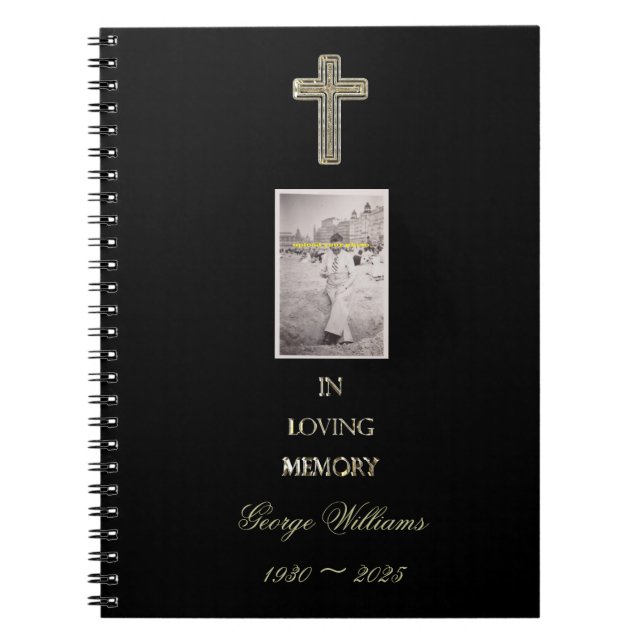 In Loving Memory Typography Golden Cross Photo Notebook (Front)