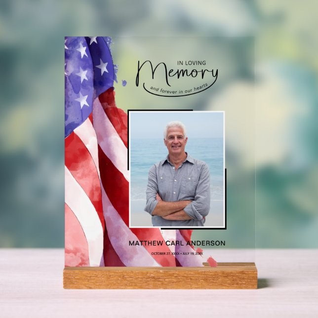 In Loving Memory US Flag Funeral Memorial Acrylic Sign (Neutral)