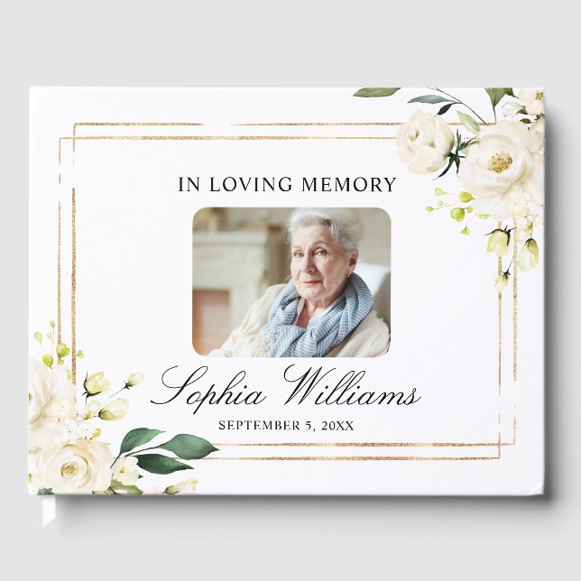 In Loving Memory White Flowers Funeral Guest Book (Front)