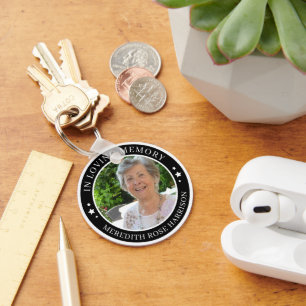 In Loving Memory White Stars Black Photo Memorial Key Ring