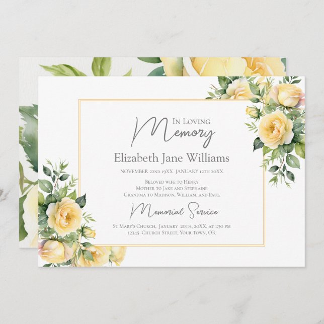 In Loving Memory Yellow Roses 1 Photo  Invitation (Front/Back)