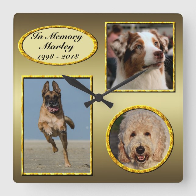 In Memory 3 Photo Dog Memorial Gold Collage Square Wall Clock (Front)