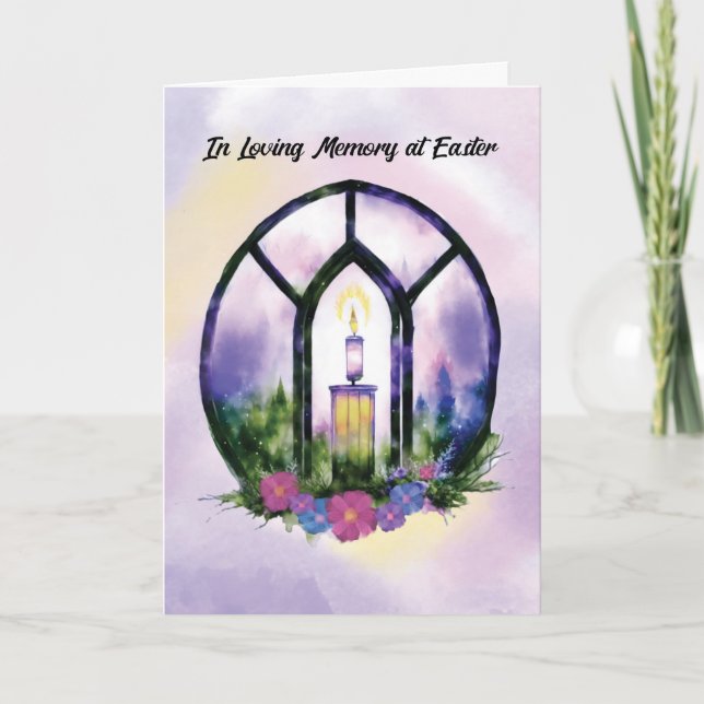 In Memory at Easter Stained Glass Candle Florals Card (Front)