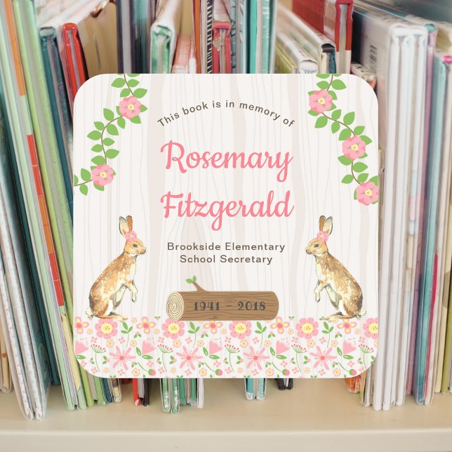 In memory of book plate, floral rabbits square sticker (Creator Uploaded)