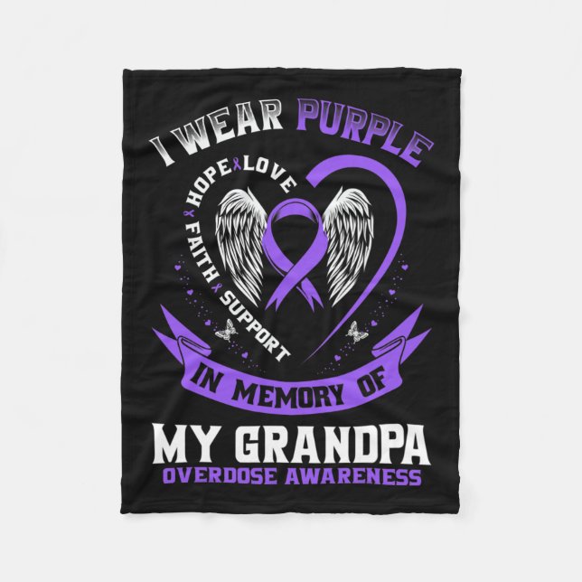 In Memory Of Grandpa Drug Overdose Awareness Ribbo Fleece Blanket (Front)