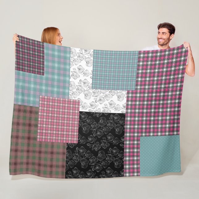 In multicolored patchwork tones fleece blanket (In Situ)