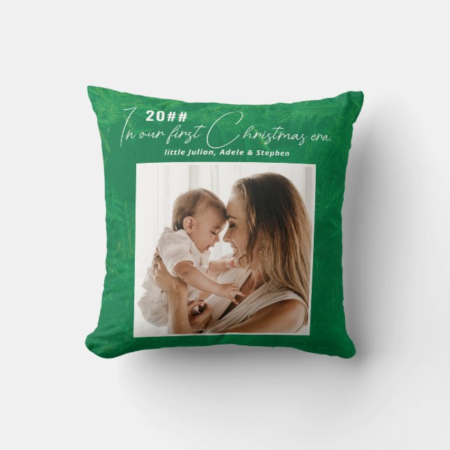 In My Era Green Pine Snow Our First Christmas Cushion (Front)