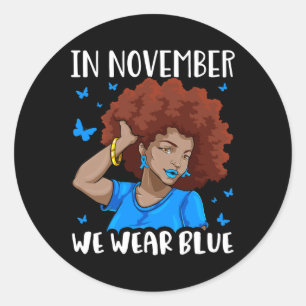 In November We Use Blue Black Woman Diabetes Aware Classic Round Sticker