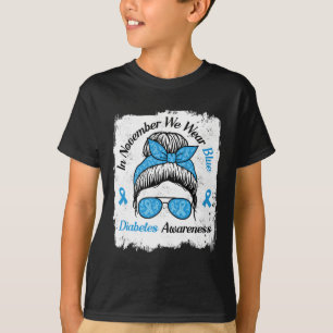 In November We Wear Blue Messy Hair Type Diabetes T-Shirt