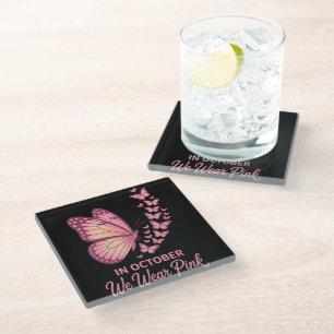 in october pink breast butterfly glass coaster