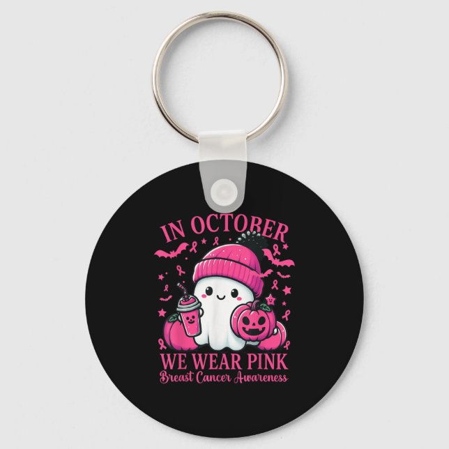 In October We Wear Nk Breast Cancer Boo Ghost Hall Key Ring (Front)