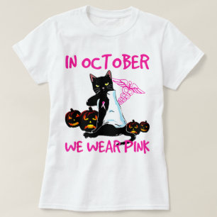  In October We Wear Pink Black Cat Breast Cancer.. T-Shirt
