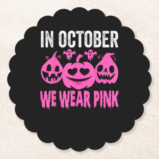 In October We Wear Pink Breast Cancer Pumpkin Hall Paper Coaster