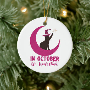 In October We Wear Pink Cat Breast Cancer Awarenes Ceramic Tree Decoration