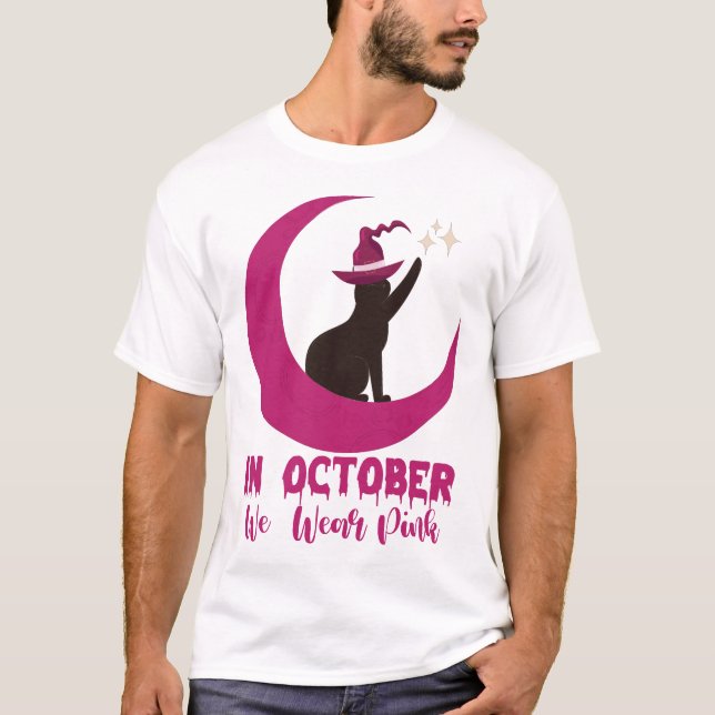 In October We Wear Pink Cat Breast Cancer Awarenes T-Shirt (Front)