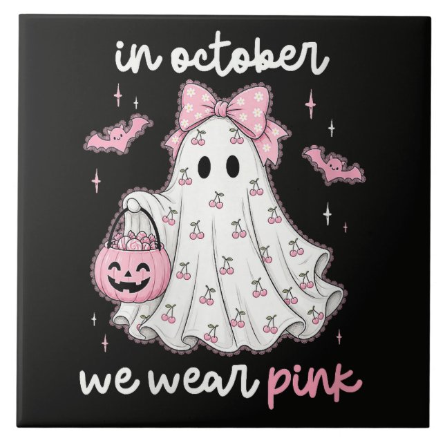 in October We Wear Pink Ghost Halloween Tile (Front)