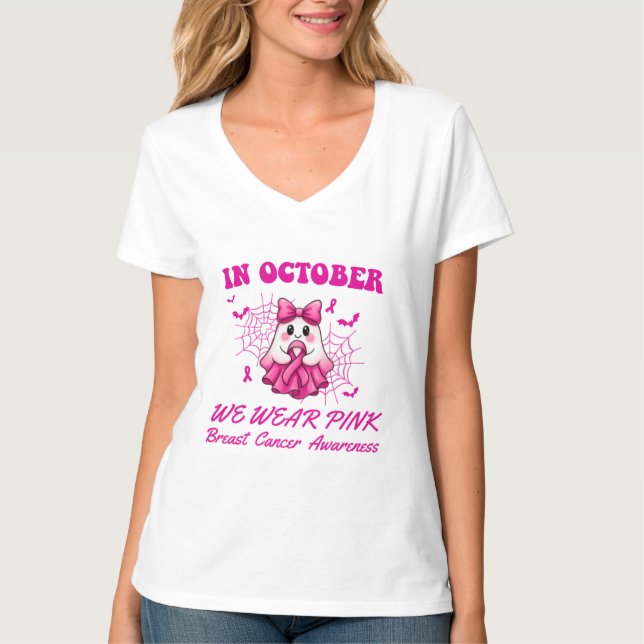 In October We Wear Pink Ghost Witch Breast Cancer  T-Shirt (Front)