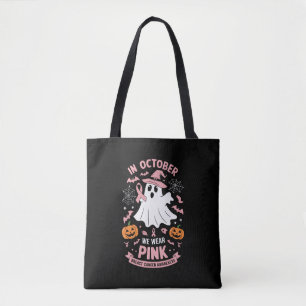 In October We Wear Pink Ghost Witch Breast Cancer Tote Bag