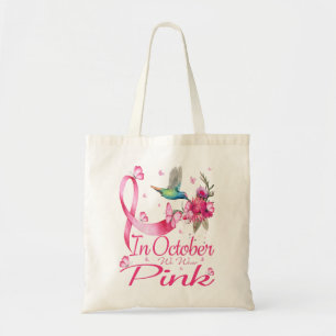 In October We Wear Pink Hummingbird Ribbon Tote Bag