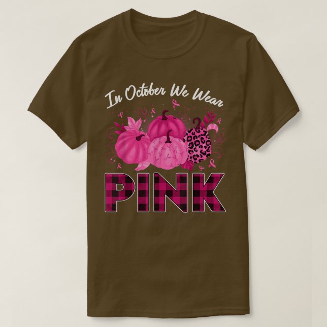 In October We Wear Pink Leopard Pumpkin Ribbon Bre T-Shirt (Design Front)