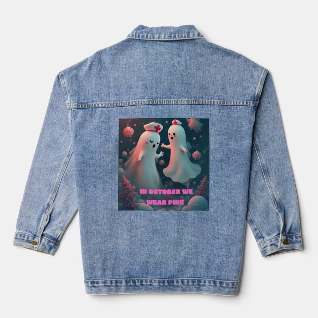 In October We Wear Pink Nurse Ghost Halloween 2025 Denim Jacket (Back)