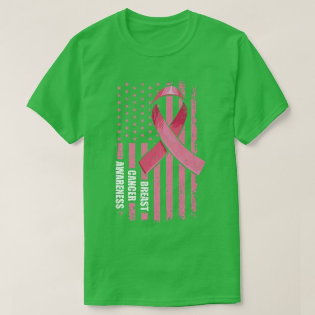 In October We Wear Pink Ribbon American Flag Breas T-Shirt (Design Front)