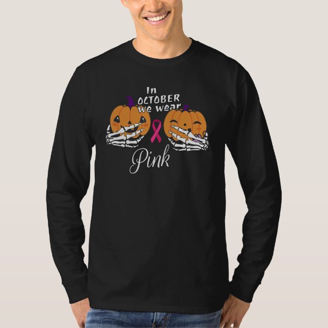 In October we Wear Pink Ribbon Halloween Pumpkins  T-Shirt (Front)