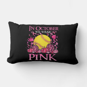 In October We Wear Pink Softball Breast Cancer Awa Lumbar Cushion