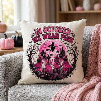 in October We Wear Pink Witch Breast Cancer Hallow Cushion