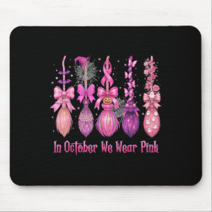 In October We Wear Pink Witch Broom Halloween Brea Mouse Pad