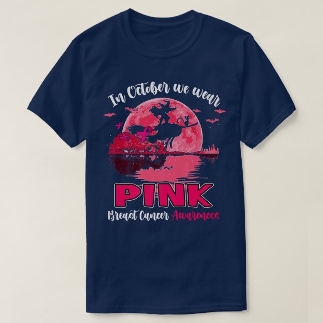 In October We Wear Pink Witch Guitar Breast Cancer T-Shirt (Design Front)