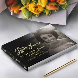 In our hearts forever funeral photo black gold guest book