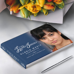 In our hearts forever funeral photo blue silver guest book