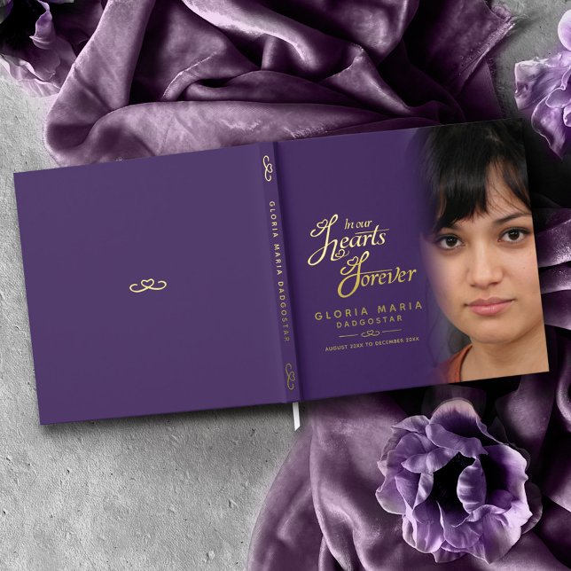 In our hearts forever funeral photo purple gold guest book (Creator Uploaded)